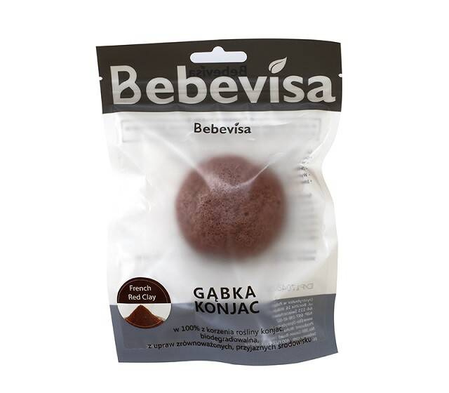 Gąbka Konjac do twarzy z dodatkiem Francuskiej glinki czerwonej, aż 6,3 - 8 cm średnicy, Bebevisa