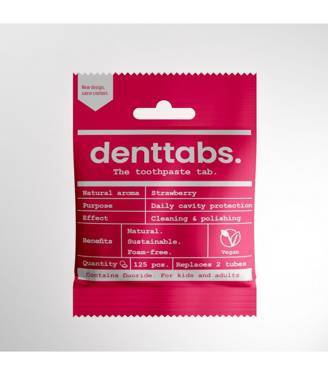 Tabletki do mycia zębów dla dzieci od 3 roku życia, TRUSKAWKOWE, z fluorem, Zero Waste, 125 szt., Denttabs