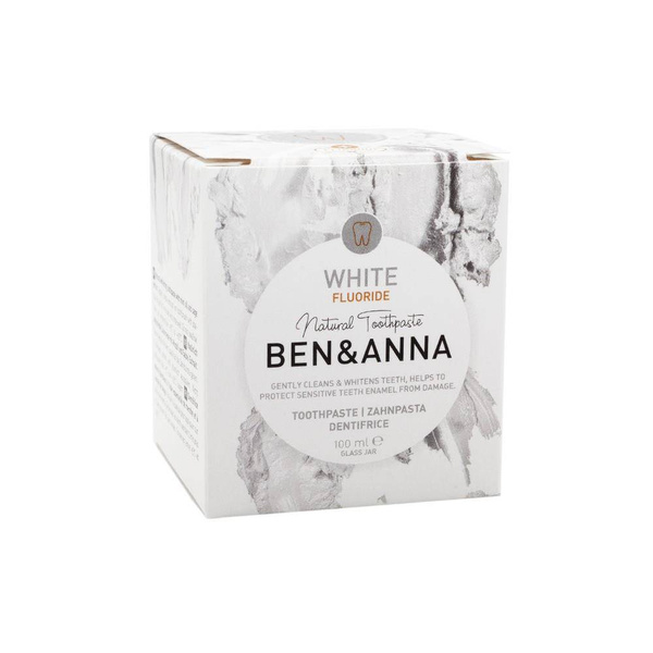 BEN and ANNA, Naturalna wybielająca pasta do wrażliwych zębów z fluorem WHITE, szklany słoik ZERO WASTE, 100 ml