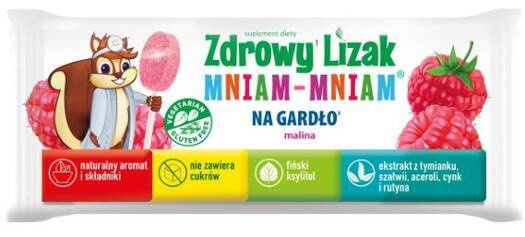 Zdrowy Lizak na gardło o smaku malinowym, 1 sztuka, 6g, Zdrowy Lizak Mniam-Mniam