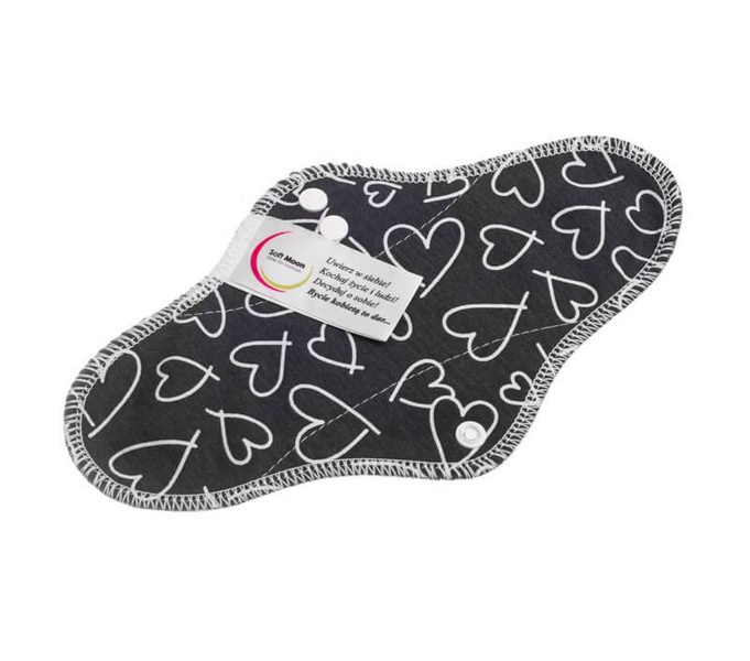 Wielorazowa wkładka higieniczna MAXI, CZARNE SERDUSZKA, bawełna organiczna, podwójny nadruk, SOFT MOON