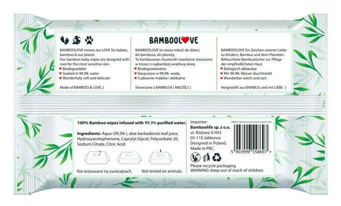 Bambusowe chusteczki nawilżane, 60 szt., Bamboolove