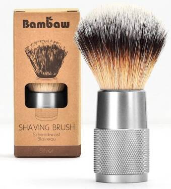 Wielorazowy pędzel do golenia, wegański, włosie nylonowe, Srebrny, Bambaw