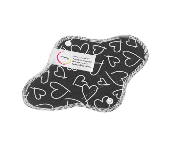 Wielorazowa wkładka higieniczna MINI, CZARNE SERDUSZKA, bawełna organiczna, podwójny nadruk, SOFT MOON