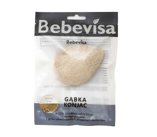 Gąbka Konjac do twarzy, Kropla Wody, dwustronna (pure + orzech włoski), aż 8,5 x 7 cm, średnicy, Bebevisa