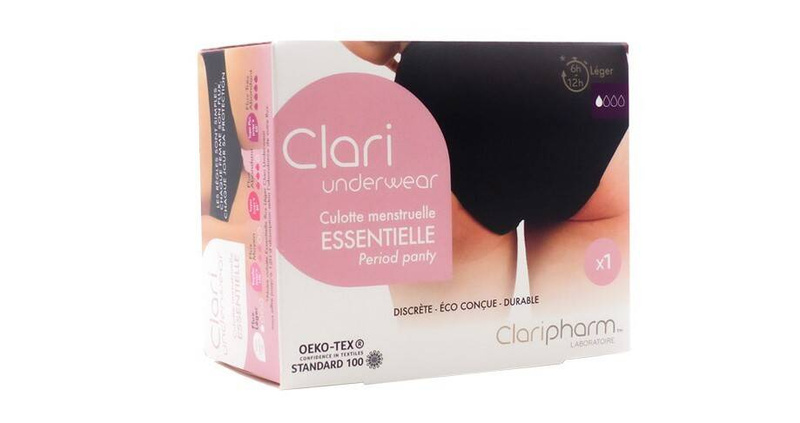 Majtki menstruacyjne ClariUnderwear, bawełna organiczna, czarne, LIGHT FLOW, rozmiar XS, Claripharm
