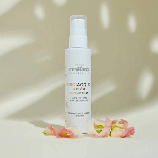 Zakwaszający preparat zamykający łuski włosa, do włosów matowych, z olejkiem z geranium, AIAB, 150 ml, MaterNatura