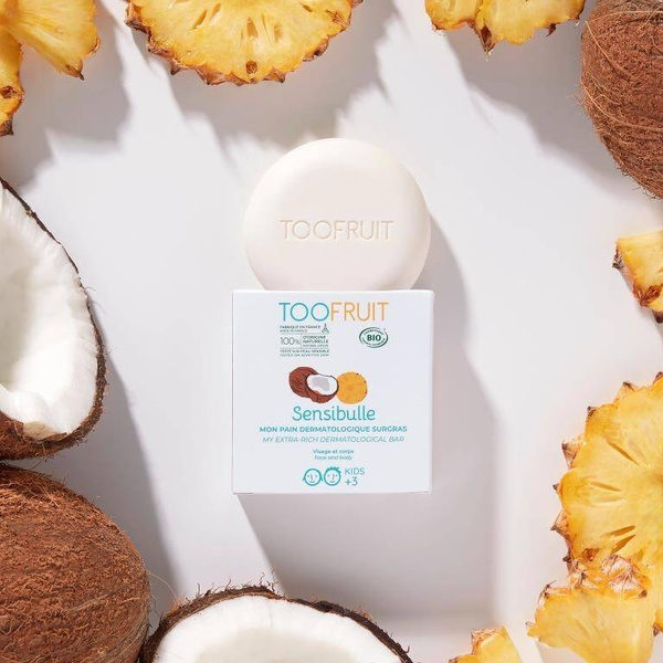 Kostka dermatologiczna, ANANAS I KOKOS, bogata formuła, do każdego rodzaju skóry, zamiast mydła, 85g, Toofruit