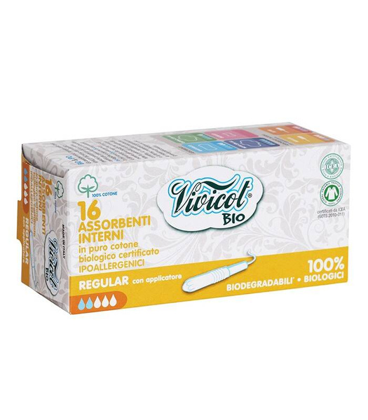 Tampony higieniczne REGULAR z aplikatorem, z organicznej bawełny, niebielone chlorem, KOMPOSTOWALNE, 16 sztuk, Vivicot BIO