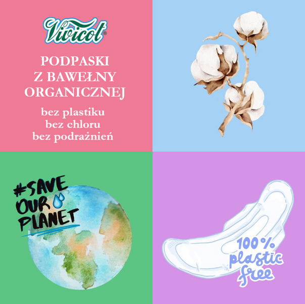 Podpaski NA DZIEŃ, ze skrzydełkami, z organicznej bawełny, niebielone chlorem, KOMPOSTOWALNE, 14 sztuk, Vivicot BIO