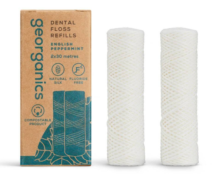 Nić dentystyczna JEDWABNA z dodatkiem ANGIELSKIEJ MIĘTY PIEPRZOWEJ, naturalna, bez plastiku, UZUPEŁNIENIE, 2x30m, Georganics