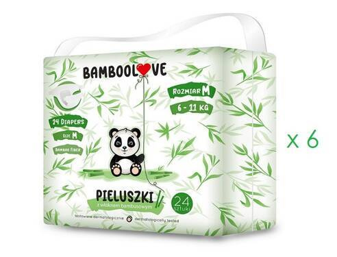 Zestaw: 6 x Pieluszki jednorazowe bambusowe, rozm. M (6-11 kg), 24 szt., BambooLove