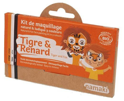 Farby do malowania twarzy TYGRYS i LIS, Zestaw do makijażu dla dzieci, 3x2,5 g, COSMEBIO, Namaki
