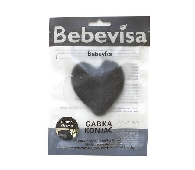 Gąbka Konjac do twarzy, Serce, z dodatkiem z węgla bambusowego, aż 6,7 - 8,5 cm, Bebevisa