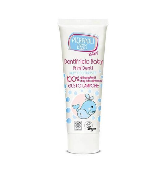 Pasta do pierwszych ząbków dla dzieci, 100 % jadalnych składników, malinowa z wyciągiem z rumianku, 75 ml, Pierpaoli Ekos Baby