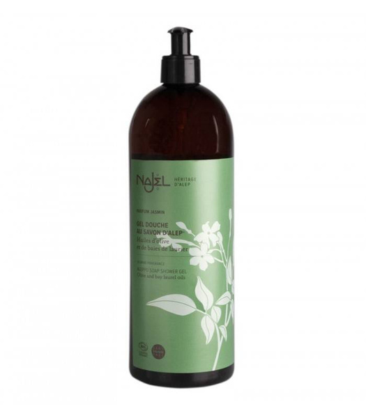 Żel pod prysznic do mycia twarzy i ciała, z mydłem z Aleppo, jaśminowy, certyfikowany Cosmos Natural, 1L, Najel
