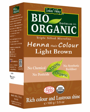 Henna - farba do włosów na bazie henny, JASNY BRĄZ, w 100% ekologiczna, CERTYFIKOWANA - ECOCERT, vege, 100 g, Indus Valley