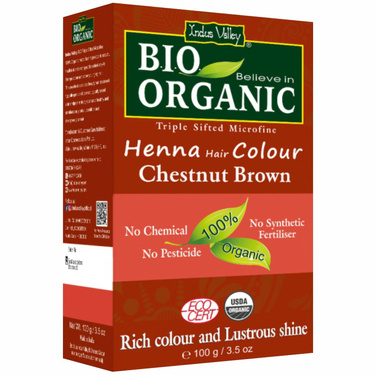 Henna - farba do włosów na bazie henny, KASZTANOWY BRĄZ, w 100% ekologiczna, CERTYFIKOWANA-ECOCERT, halal, 100g, Indus Valley