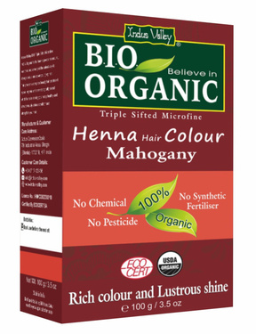 Henna - farba do włosów na bazie henny, MAHOŃ, w 100% ekologiczna, CERTYFIKOWANA - ECOCERT, vege, halal, 100 g, Indus Valley