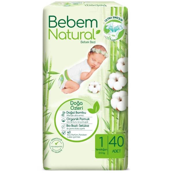 Ekologiczne jednorazowe pieluszki bambusowe, z organicznej bawełny, rozmiar 1, NEWBORN, 2-5 kg, 40 szt., Bebem Natural