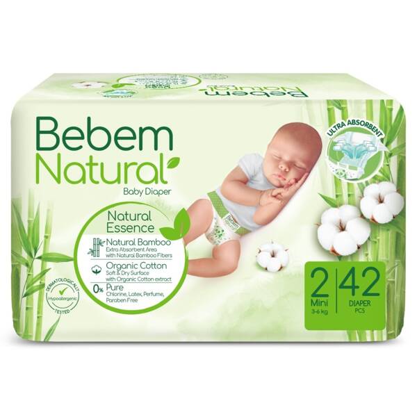 Ekologiczne jednorazowe pieluszki bambusowe, z organicznej bawełny, rozmiar 2, MINI, 3-6 kg, 42 szt., Bebem Natural