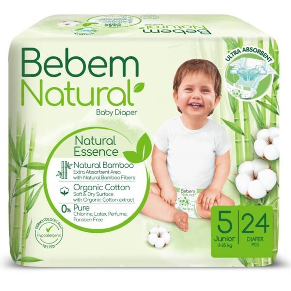 Ekologiczne jednorazowe pieluszki bambusowe, z organicznej bawełny, rozmiar 5, JUNIOR, 11-25 kg, 24 szt., Bebem Natural