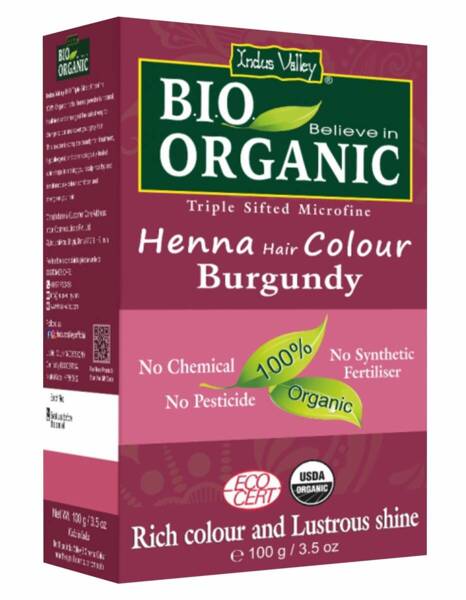 Henna - farba do włosów na bazie henny, BURGUND, w 100% ekologiczna, CERTYFIKOWANA - ECOCERT, vege, halal, 100 g, Indus Valley