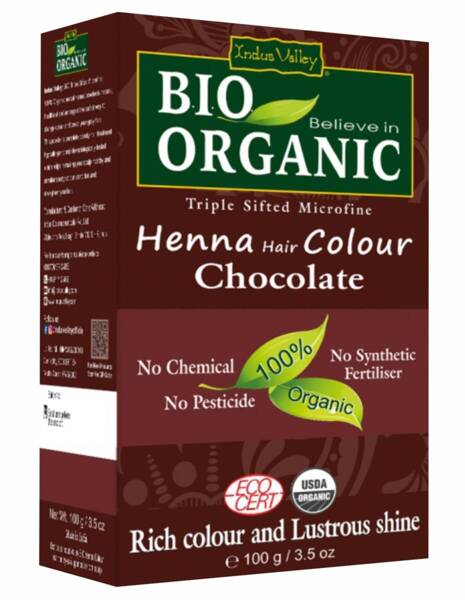 Henna - farba do włosów na bazie henny, CZEKOLADOWY, w 100% ekologiczna, CERTYFIKOWANA-ECOCERT, vege, halal, 100g, Indus Valley