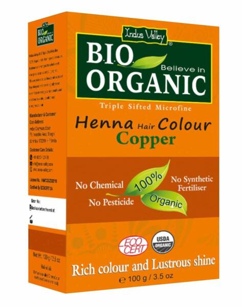 Henna - farba do włosów na bazie henny, MIEDZIANY, w 100% ekologiczna, CERTYFIKOWANA - ECOCERT, vege, halal, 100 g, Indus Valley