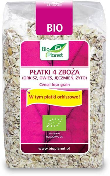 Płatki 4 zboża: orkisz, owies, jęczmień, żyto BIO, 300 g, Bio Planet